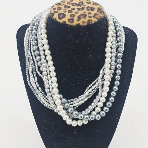 Multi Strand Beaded Faux Pearl Choker Necklace Gray White 16" - Picture 2 of 5